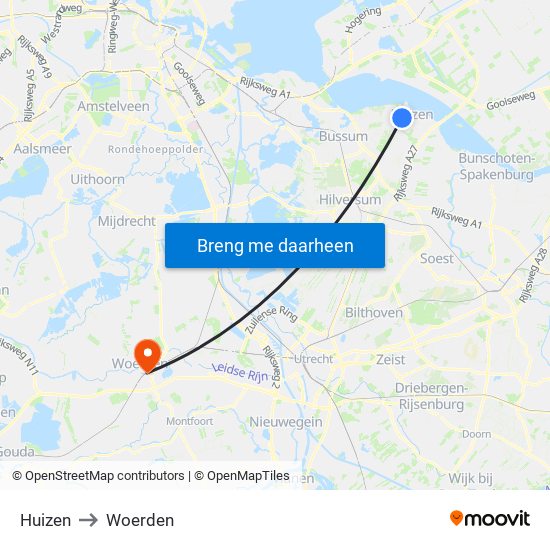 Huizen to Woerden map