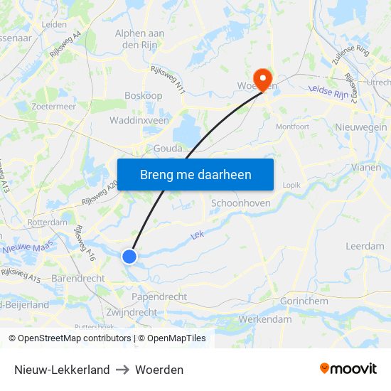 Nieuw-Lekkerland to Woerden map
