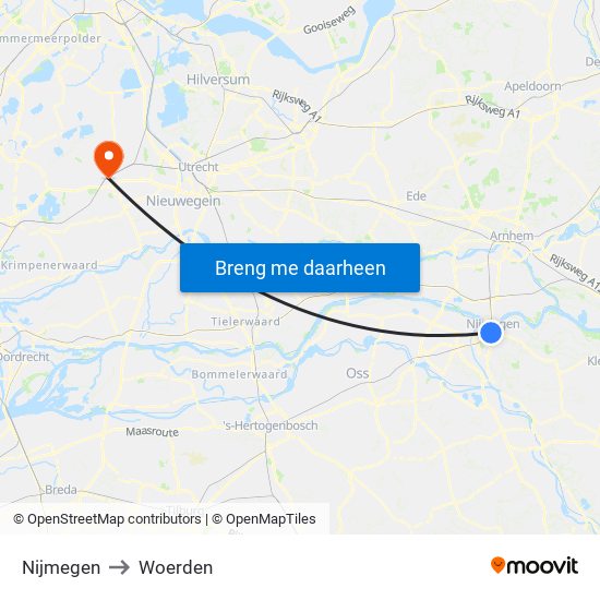 Nijmegen to Woerden map