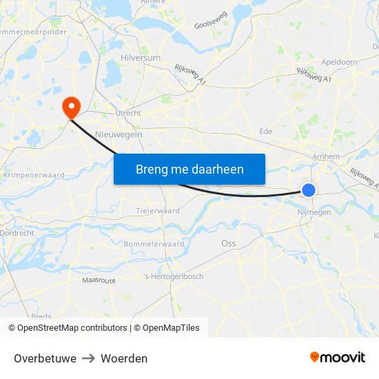 Overbetuwe to Woerden map