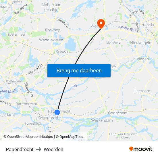 Papendrecht to Woerden map