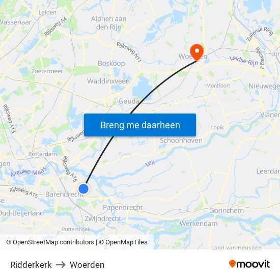 Ridderkerk to Woerden map