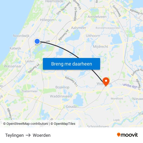 Teylingen to Woerden map