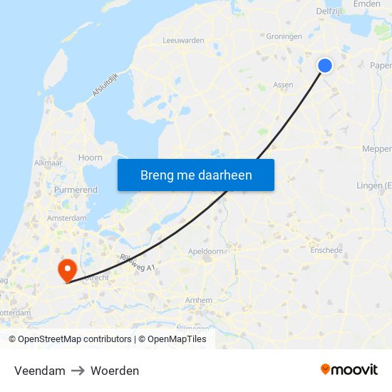Veendam to Woerden map