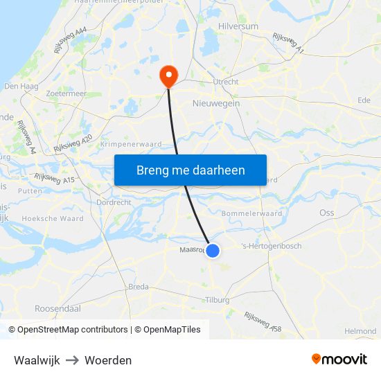 Waalwijk to Woerden map