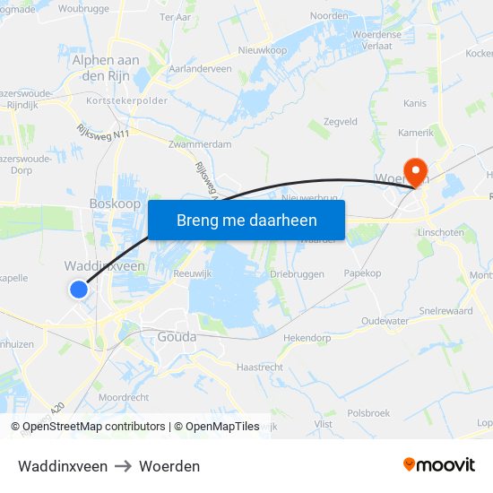 Waddinxveen to Woerden map