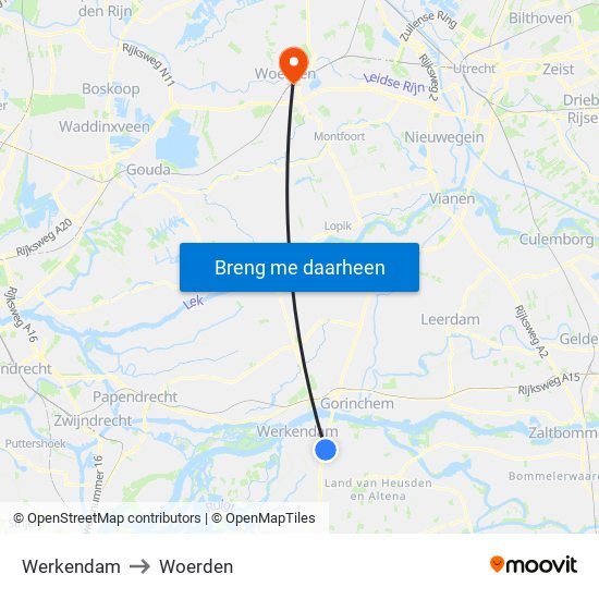 Werkendam to Woerden map