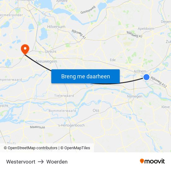 Westervoort to Woerden map