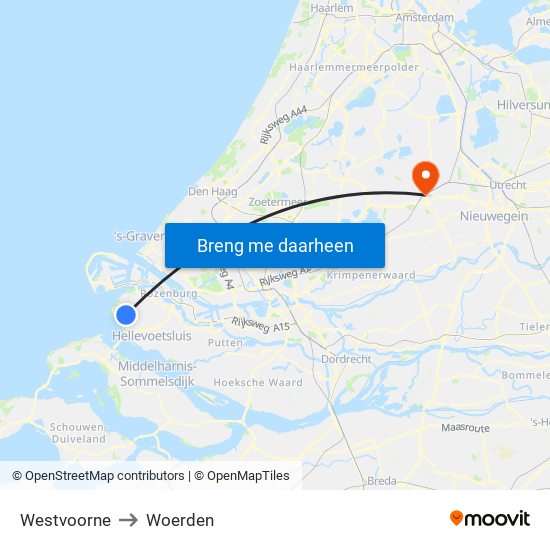 Westvoorne to Woerden map