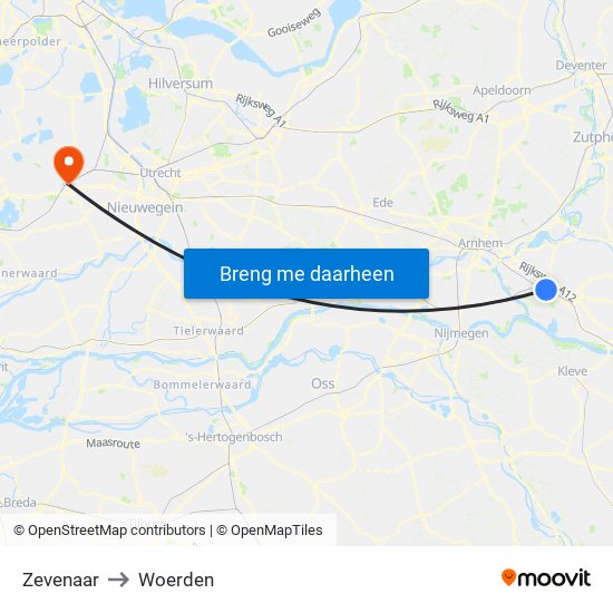 Zevenaar to Woerden map