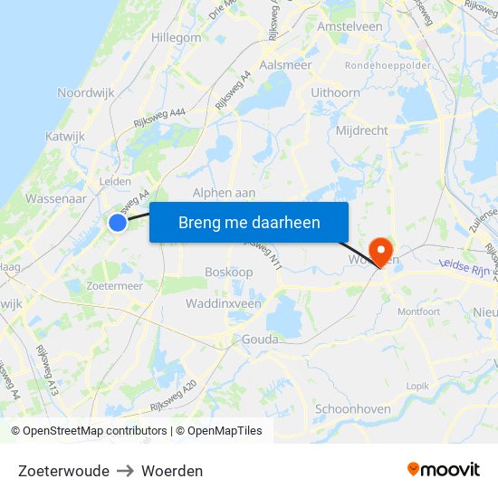 Zoeterwoude to Woerden map