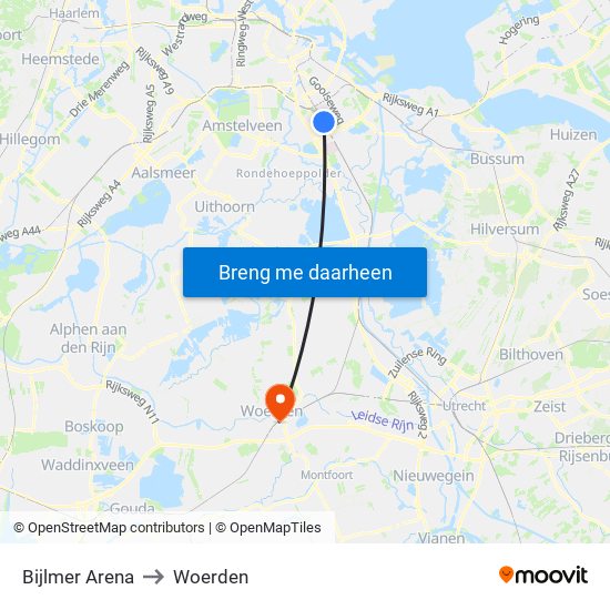 Bijlmer Arena to Woerden map