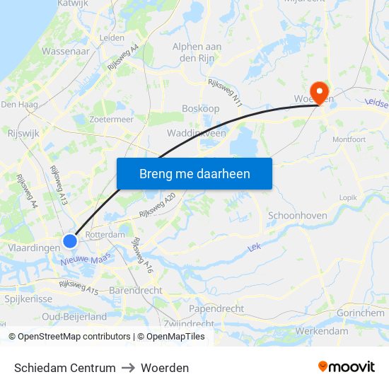 Schiedam Centrum to Woerden map
