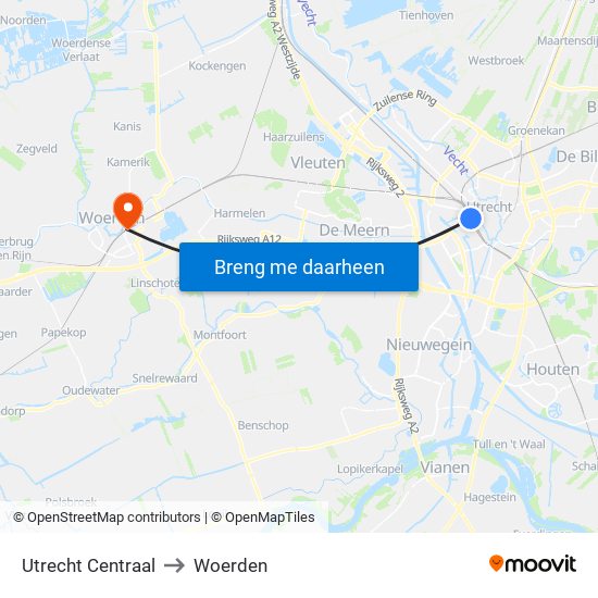 Utrecht Centraal to Woerden map