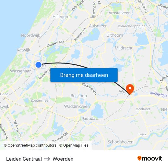 Leiden Centraal to Woerden map
