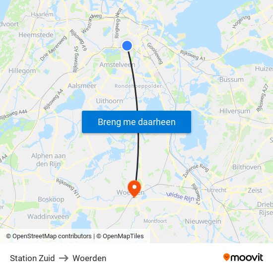 Station Zuid to Woerden map