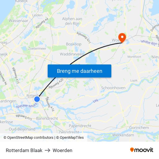 Rotterdam Blaak to Woerden map