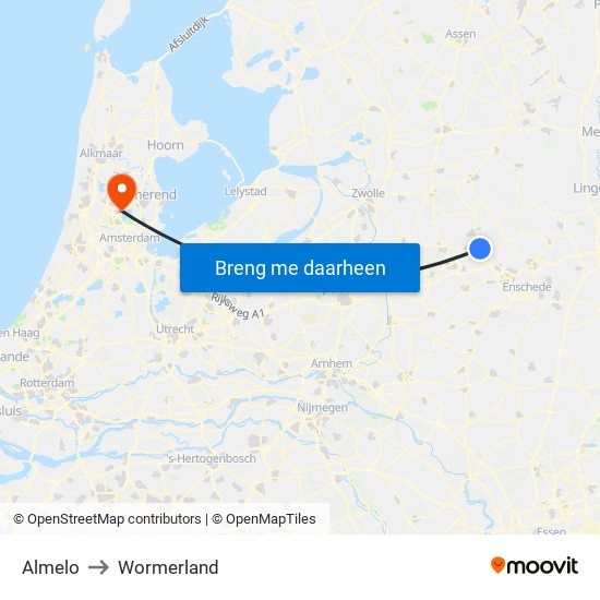 Almelo to Wormerland map