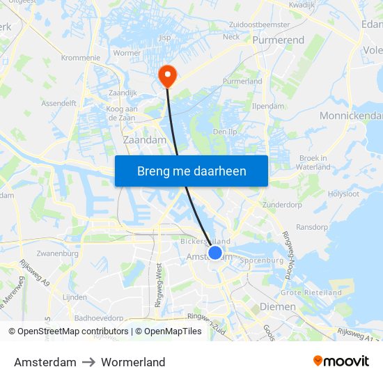Amsterdam to Wormerland map