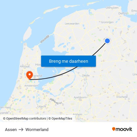Assen to Wormerland map