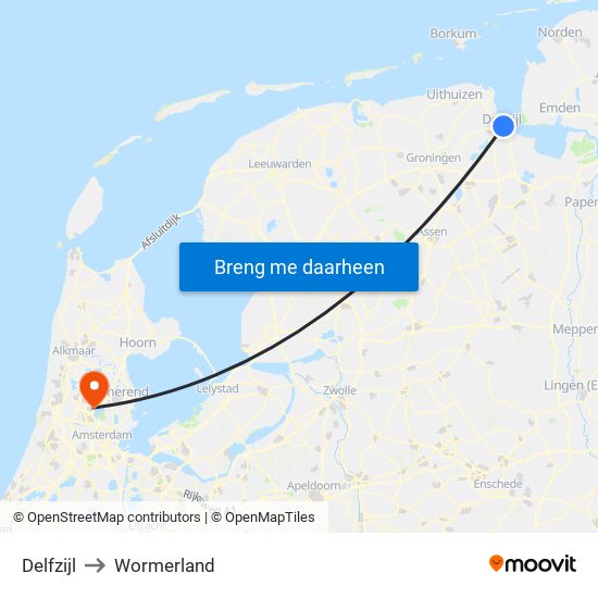 Delfzijl to Wormerland map