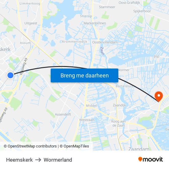 Heemskerk to Wormerland map