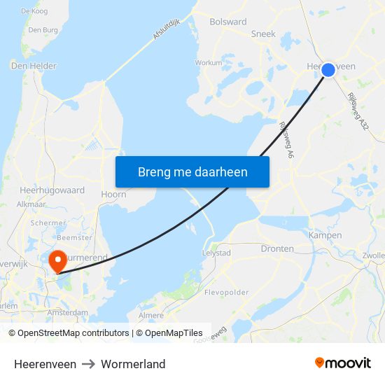 Heerenveen to Wormerland map