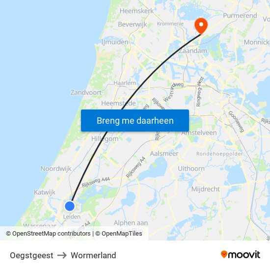 Oegstgeest to Wormerland map