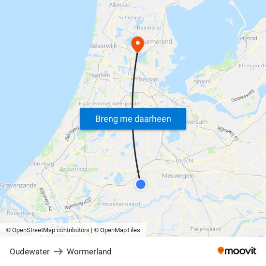 Oudewater to Wormerland map