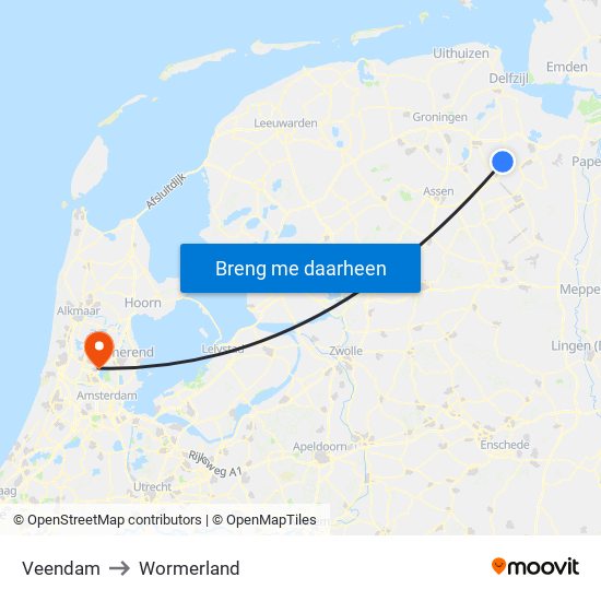 Veendam to Wormerland map
