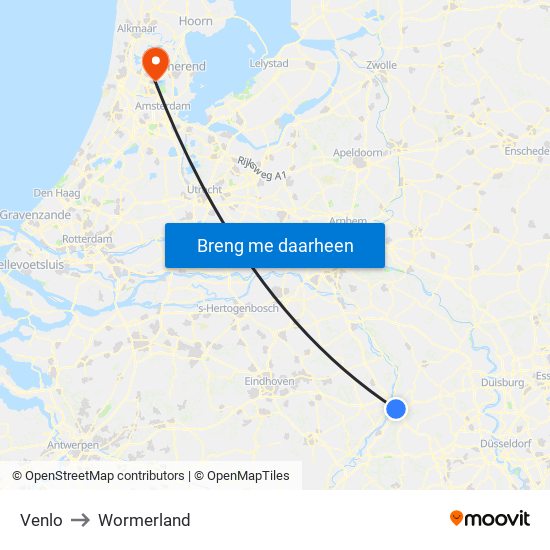 Venlo to Wormerland map