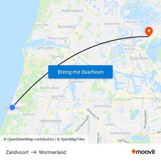 Zandvoort to Wormerland map