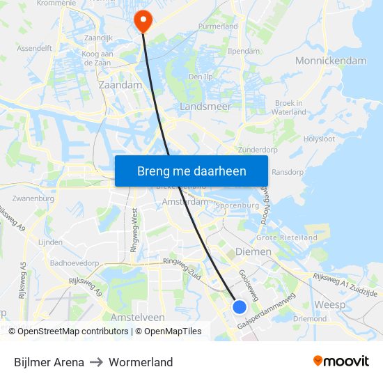 Bijlmer Arena to Wormerland map