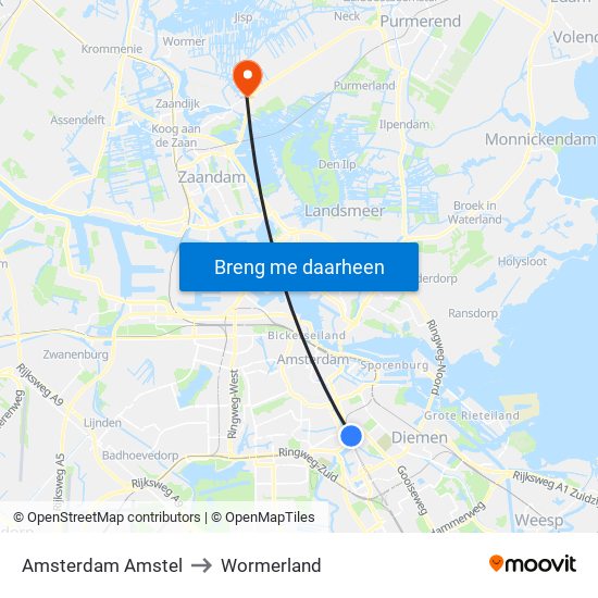 Amsterdam Amstel to Wormerland map