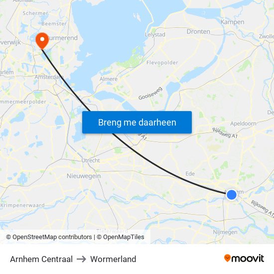Arnhem Centraal to Wormerland map