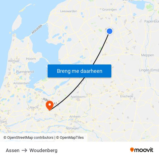 Assen to Woudenberg map