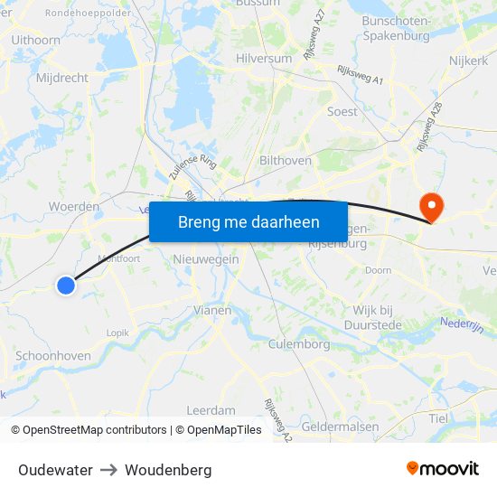 Oudewater to Woudenberg map