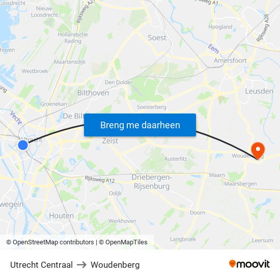 Utrecht Centraal to Woudenberg map