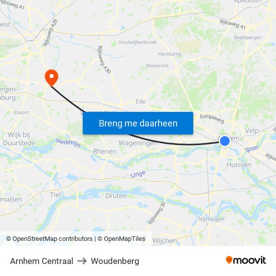 Arnhem Centraal to Woudenberg map