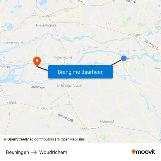 Beuningen to Woudrichem map