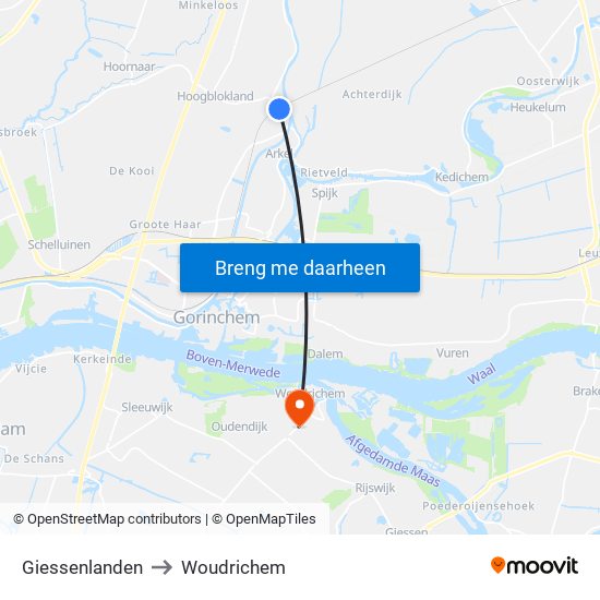 Giessenlanden to Woudrichem map