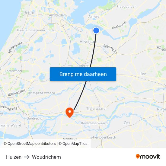 Huizen to Woudrichem map