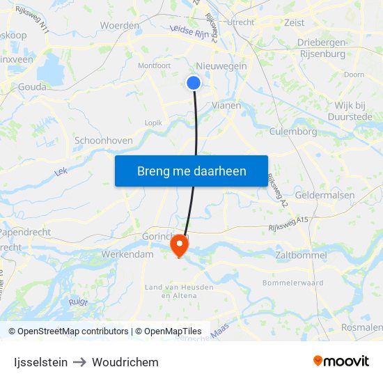 Ijsselstein to Woudrichem map