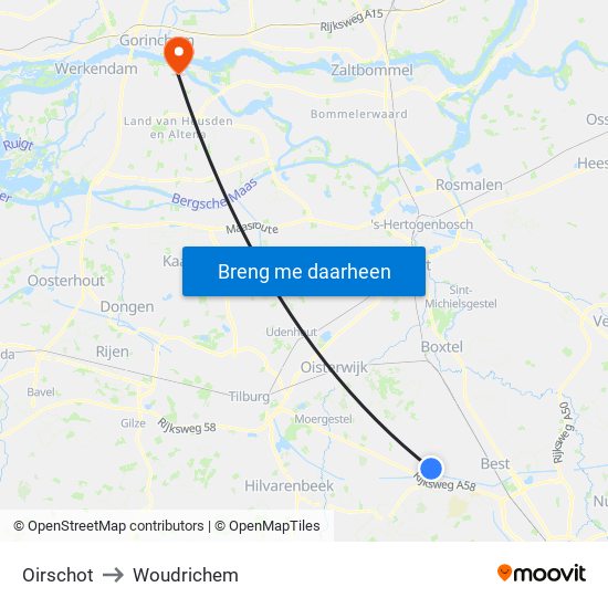 Oirschot to Woudrichem map