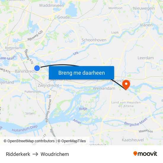 Ridderkerk to Woudrichem map