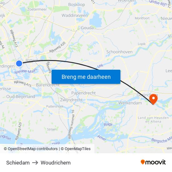 Schiedam to Woudrichem map