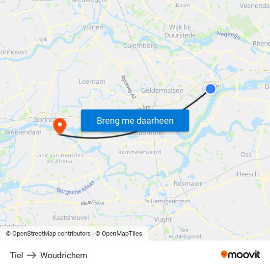 Tiel to Woudrichem map