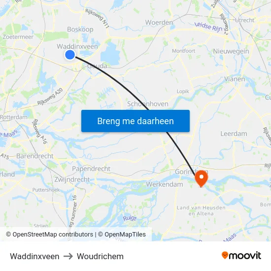 Waddinxveen to Woudrichem map