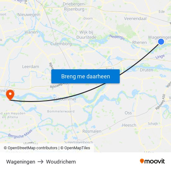 Wageningen to Woudrichem map