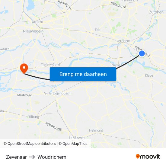 Zevenaar to Woudrichem map